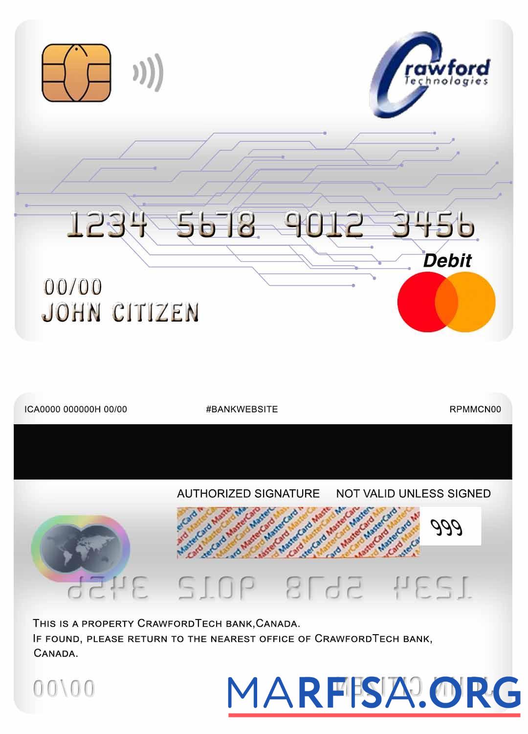 Printable Canada Crawfordtech Bank mastercard debit card sample